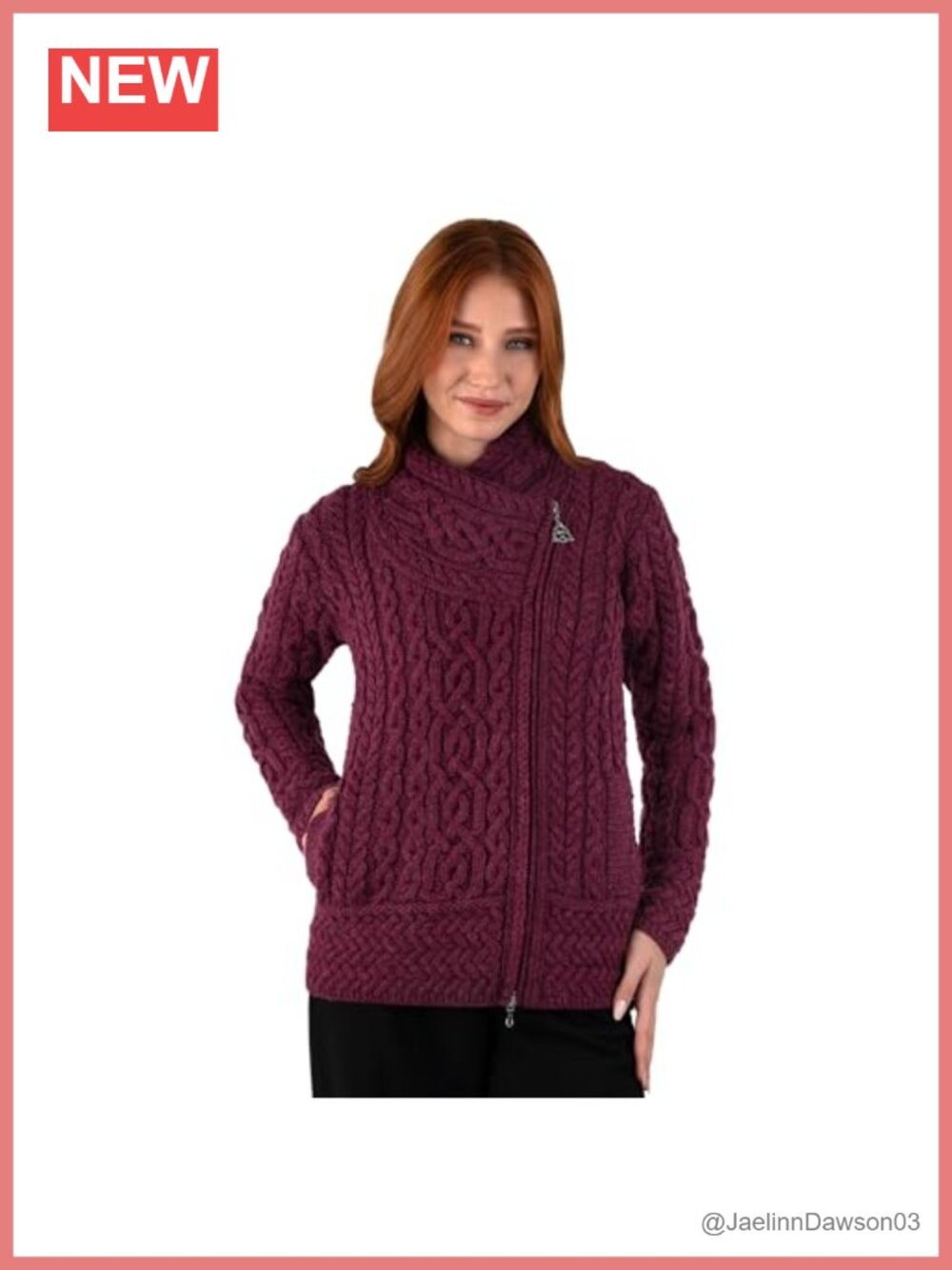 Irish Merino Wool Cable Knit Zip Cardigan Long Sleeve Sweater Jacket